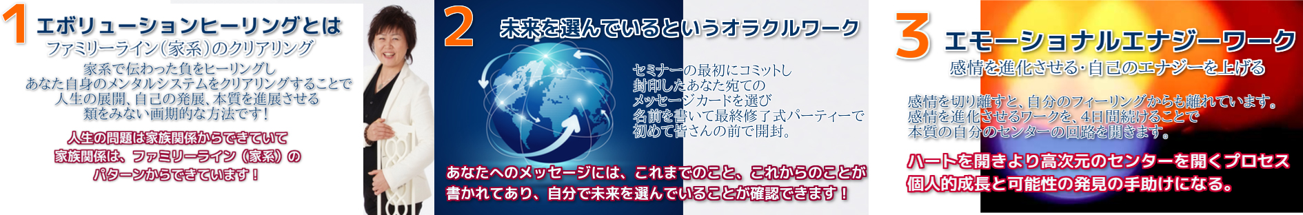 １エボリューションヒーリングとは　２未来を選んでいるというオラクルワーク　３エモーショナルエナジーワーク